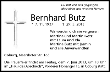 Traueranzeige von Bernhard Butz von Neue Presse Coburg