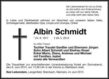 Traueranzeige von Albin Schmidt von Südthüringer Presse