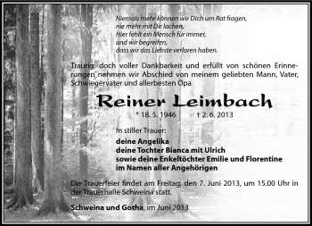 Traueranzeige von Reiner Leimbach von Südthüringer Presse