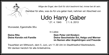 Traueranzeige von Udo Harry Gaber von Frankenpost