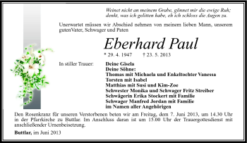 Traueranzeige von Eberhard Paul von Südthüringer Presse