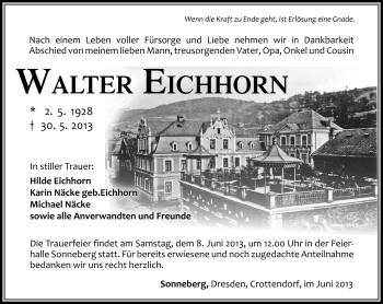 Traueranzeige von Walter Eichhorn von Südthüringer Presse