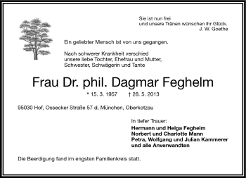 Traueranzeige von Dagmar Feghelm von Frankenpost