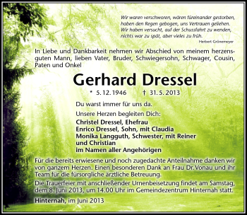 Traueranzeige von Gerhard Dressel von Südthüringer Presse