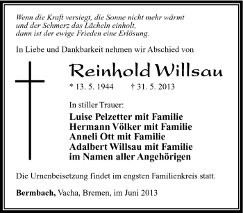 Traueranzeige von Reinhold Willsau von Südthüringer Presse