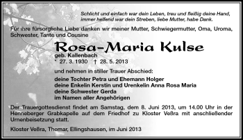 Traueranzeige von Rosa-Maria Kulse von Südthüringer Presse