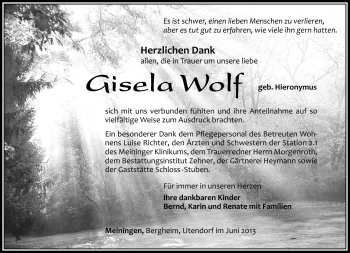 Traueranzeige von Gisela Wolf von Südthüringer Presse