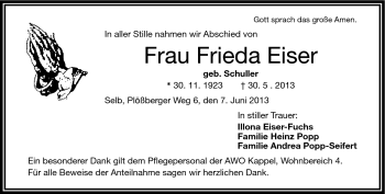 Traueranzeige von Frieda Eiser von Frankenpost