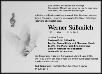 Traueranzeige von Werner Süßmilch von Südthüringer Presse