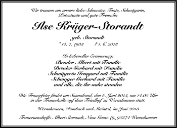 Traueranzeige von Ilse Krüger-Storandt von Südthüringer Presse