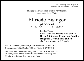 Traueranzeige von Elfriede Eisinger von Neue Presse Coburg
