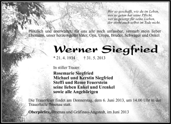 Traueranzeige von Werner Siegfried von Südthüringer Presse