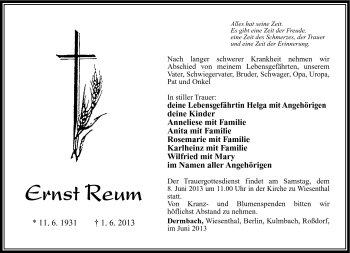 Traueranzeige von Ernst Reum von Südthüringer Presse