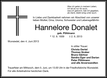 Traueranzeige von Hannelore Donalet von Frankenpost