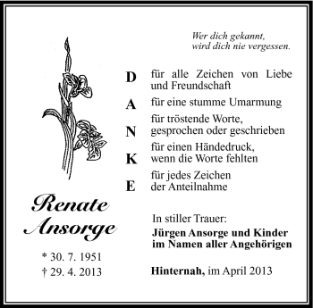 Traueranzeige von Renate Ansorge von Südthüringer Presse