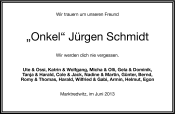 Traueranzeige von Jürgen Schmidt von Frankenpost