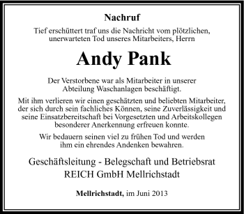 Traueranzeige von Andy Pank von Südthüringer Presse
