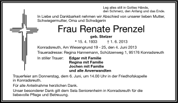 Traueranzeige von Renate Prenzel von Frankenpost