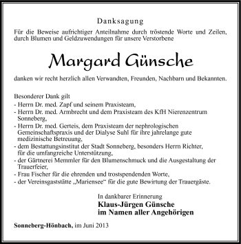Traueranzeige von Margard Günsche von Südthüringer Presse