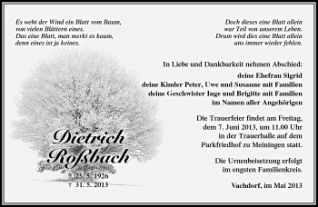 Traueranzeige von Dietrich Roßbach von Südthüringer Presse