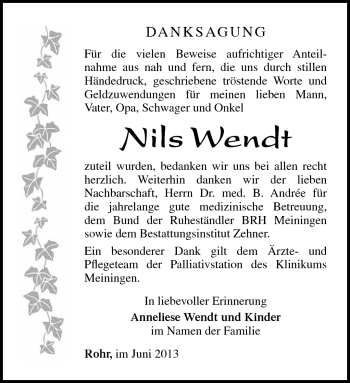 Traueranzeige von Nils Wendt von Südthüringer Presse