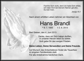 Traueranzeige von Hans Brandl von Frankenpost