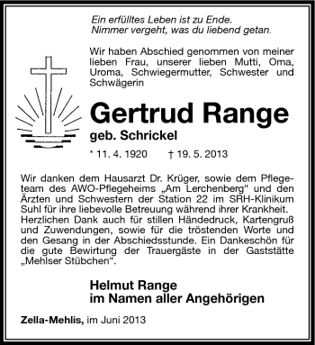 Traueranzeige von Gertrud Range von Südthüringer Presse