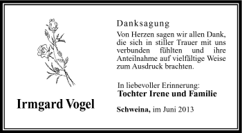 Traueranzeige von Irmgard Vogel von Südthüringer Presse