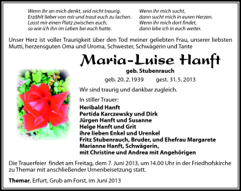 Traueranzeige von marie-Luise Hanft von Südthüringer Presse