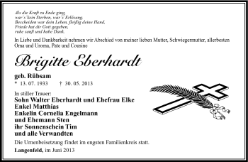 Traueranzeige von Brigitte Eberhardt von Südthüringer Presse