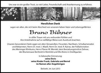 Traueranzeige von Bruno Bühner von Südthüringer Presse