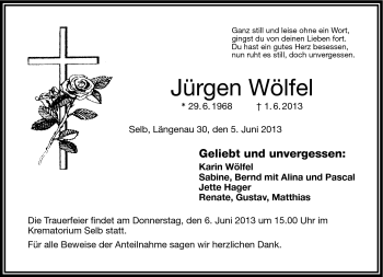 Traueranzeige von Jürgen Wölfel von Frankenpost