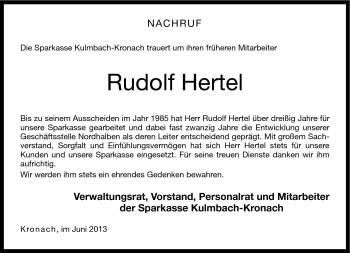 Traueranzeige von Rudolf Hertel von Neue Presse Coburg