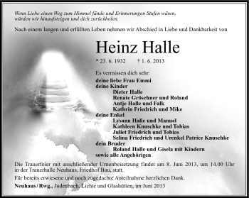 Traueranzeige von Heinz Halle von Südthüringer Presse