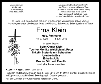 Traueranzeige von Erna Klein von Neue Presse Coburg