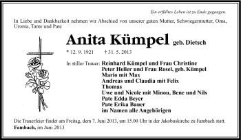 Traueranzeige von Anita Kümpel von Südthüringer Presse