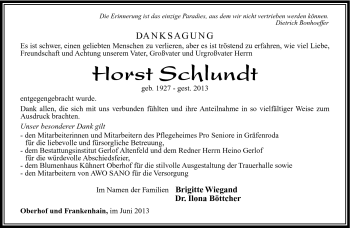 Traueranzeige von Horst Schlund von Südthüringer Presse