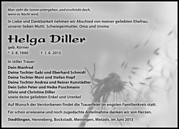 Traueranzeige von Helga Diller von Südthüringer Presse