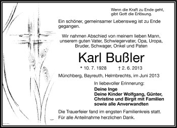 Traueranzeige von Karl Bußler von Frankenpost