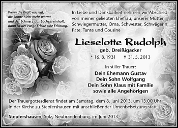 Traueranzeige von Lieselotte Rudolph von Südthüringer Presse