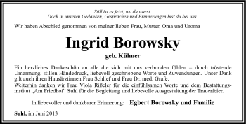 Traueranzeige von Ingrid Borowsky von Südthüringer Presse