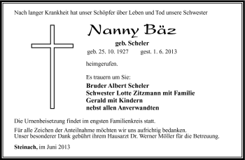 Traueranzeige von Nanny Bäz von Südthüringer Presse