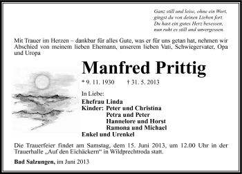 Traueranzeige von Manfred Prittig von Südthüringer Presse