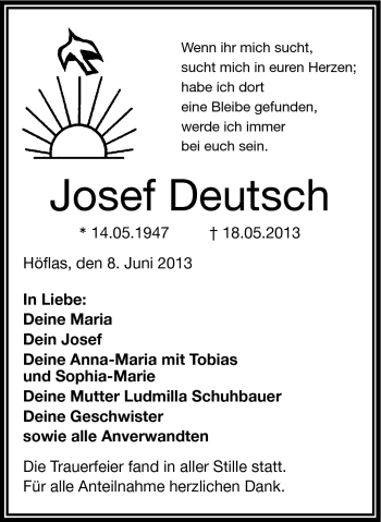 Traueranzeige von Josef Deutsch von Frankenpost