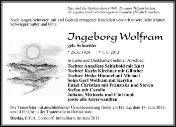 Traueranzeige von Ingeborg Wolfram von Südthüringer Presse