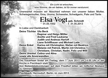 Traueranzeige von Elsa Vogt von Südthüringer Presse