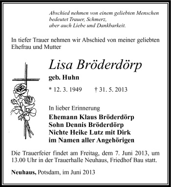 Traueranzeige von Lisa Bröderdörp von Südthüringer Presse