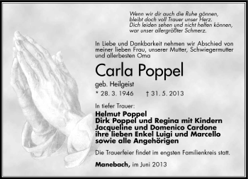 Traueranzeige von Carla Poppel von Südthüringer Presse