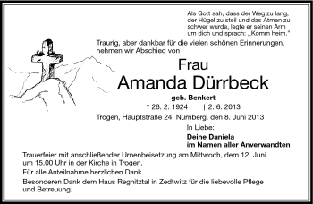 Traueranzeige von Amanda Dürrbeck von Frankenpost