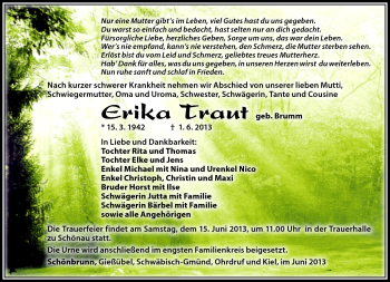 Traueranzeige von Erika Traut von Südthüringer Presse